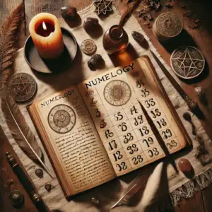 Ilustracja w stylu tarota z liczbami i złotymi ornamentami – Numerologia