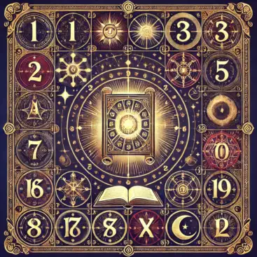 Ilustracja w stylu tarota z liczbami i złotymi ornamentami – Numerologia