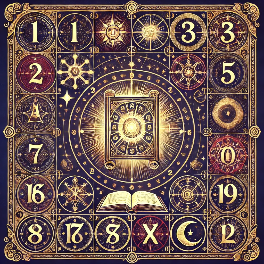 Ilustracja w stylu tarota z liczbami i złotymi ornamentami – Numerologia