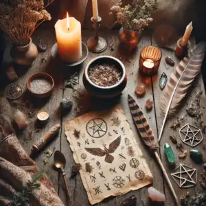 Karta tarota z symbolami rytuałów i złotymi ornamentami – Rytuały