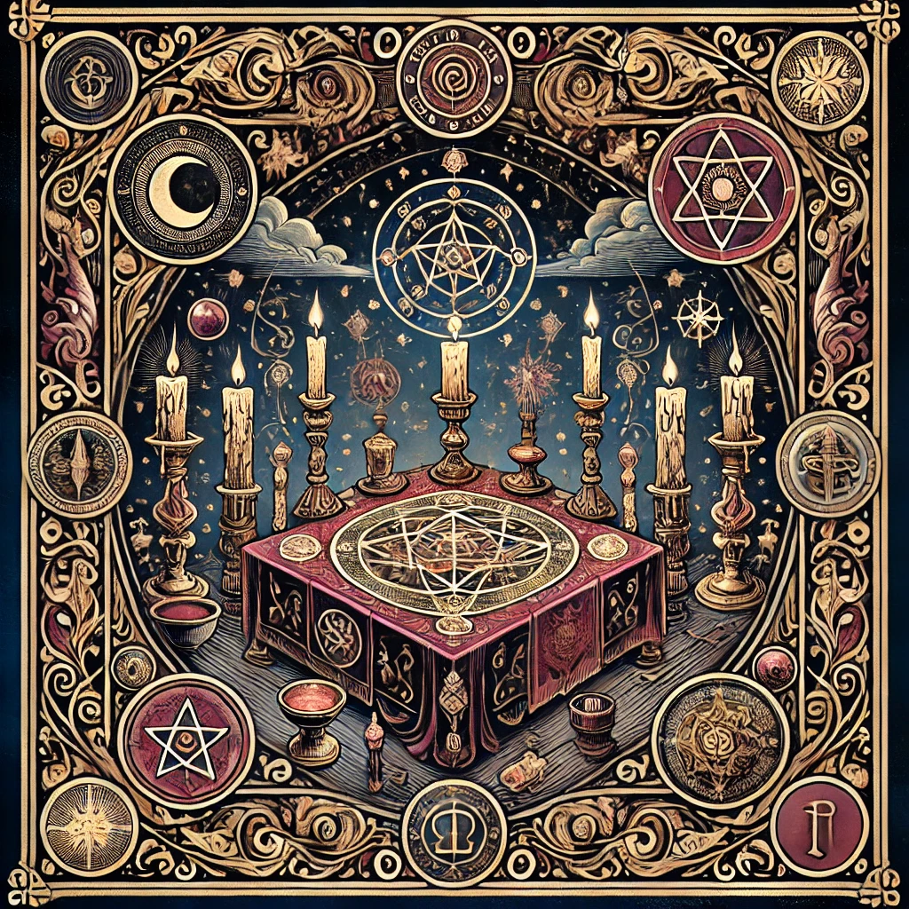 Karta tarota z symbolami rytuałów i złotymi ornamentami – Rytuały