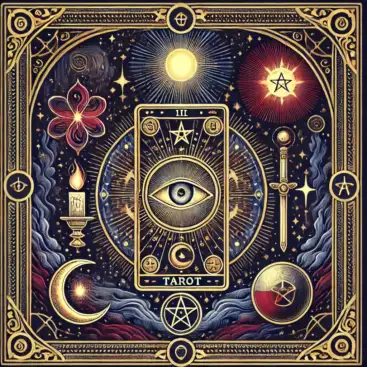 Ilustracja w stylu tarota z mistycznym okiem i złotymi ornamentami – Tarot online