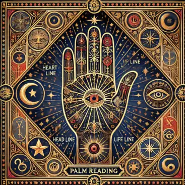 Mistyczna karta z symbolem dłoni i ornamentami – Wróżenie z dłoni